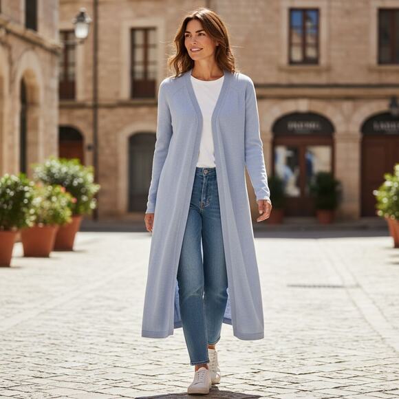 Talbots Cardigan Sweater Womens Petite Small Blue Long Duster V Neck One Button - Picture 9 of 9